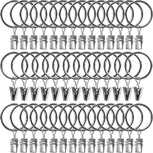 40 Pack Curtain Rings with Clips, Drapery Clips with Rings, Drapes Rings 1.26 in Interior Diameter, Fits up to 1 Inch Curtain Rod, Silver