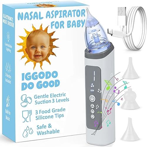 Electric Nasal Aspirator for Baby – Baby Nose Sucker with Adjustable Suction, Music & Light – Portable Nose Cleaner with Soft Silicone Tips for Infant Congestion Relief – USB Rechargeable