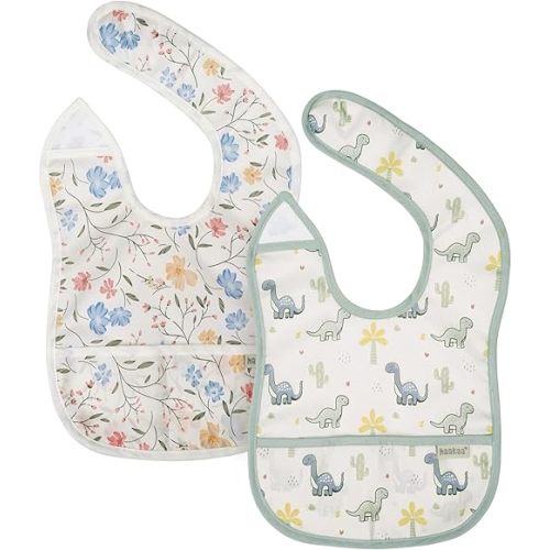 haakaa Waterproof Baby Bibs for Eating, Soft & Lightweight Toddler Bibs with Food Pocket, Easy Wipe Clean, Ages 6–24M, 2 Pack