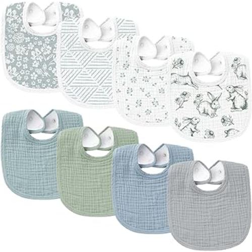 Konssy Muslin Baby Bibs 8 Pack Baby Bandana Drool Bibs Cotton for Unisex Boys Girls, 8 Solid Colors Set for Teething Drooling