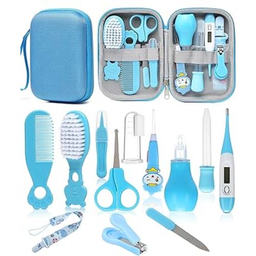 Baby Healthcare and Grooming Kit, Safety Newborn Nursery Care Set, with Hair Brush Comb, Nail Clipper, Thermometer, Pacifier Clip, Nasal Aspirator for Newborn Infant Baby Girls Boys (Blue)