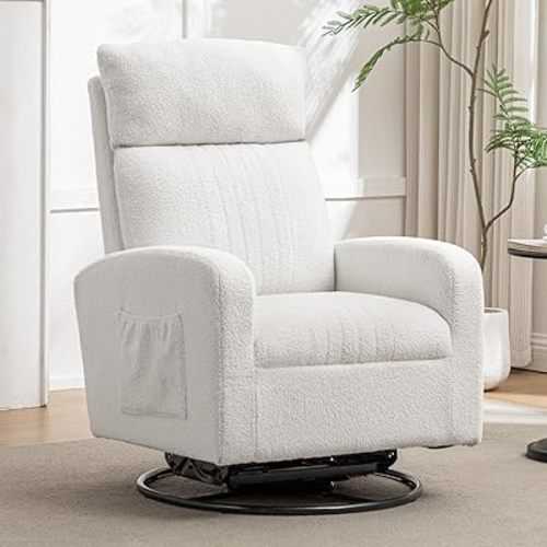 Swivel Glider Chair for Nursery,Swivel Rocker Chair for Mom with Upholstered Comfy High Back, Nursing Rocking Chair Armchair for Living Room,Bedroom (Teddy White)