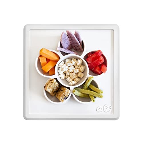 ez pz Mini Play Mat - 100% Silicone Suction Flower Plate with Built-in Placemat for Infants + Toddlers - Crafting + Snacks - Divided Plate - Dishwasher Safe (Cream)