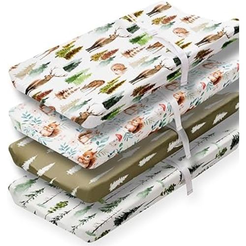 4 Pack Changing Pad Covers Woodland Forest Animals Wood Neutral Unisex Fitted Baby Changing Pad Cover Set for Baby Boys or Girls (Cartoon Fox)