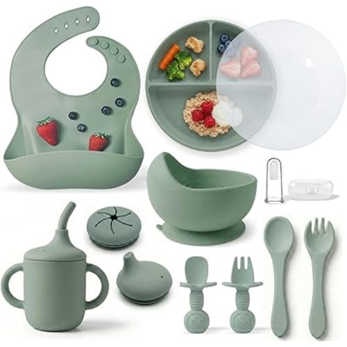 Remonda 15-Piece BPA-Free Baby Silicone Feeding Set | Extra Large Suction Plates, Toddler Bowls, Self Feeding Spoons, and More | Dishwasher Safe| Infant Led Weaning Supplies (Green)