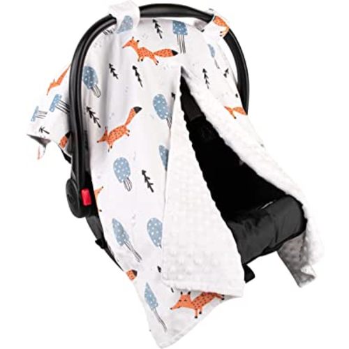 Top Tots Deluxe Minky Baby Car Seat Cover - Orange Fox, 40 x 29 Inch White