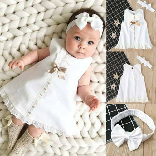 Carolilly Summer Newborn Baby Girls Lace Sleeveless Princess Dress + Headband Outfits Dress
