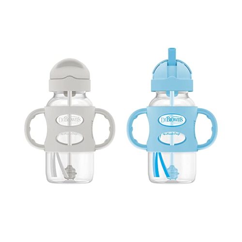 Dr. Brown's Milestones Wide-Neck Sippy Straw Bottle with 100% Silicone Handles and Weighted Straw, 9 oz/270 mL, Gray & Blue, 6m+