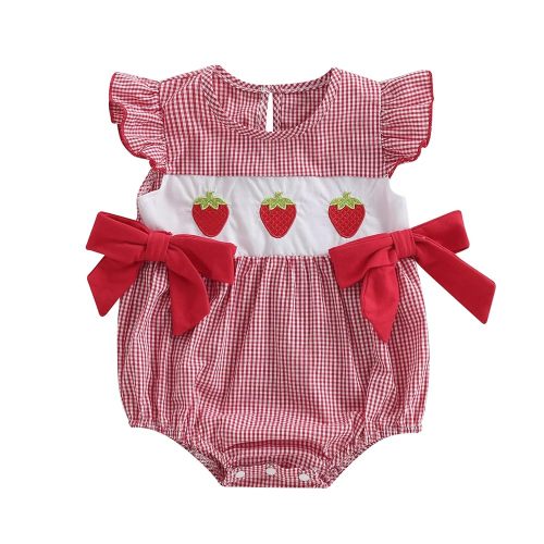 Amazon.com: KMBANGI Baby Girl Strawberry Outfit Flutter Sleeve Strawberry Bow Smocked Romper Infant Baby Gingham Summer Clothes 0-18M (Red, 3-6 Months): Clothing, Shoes & Jewelry
