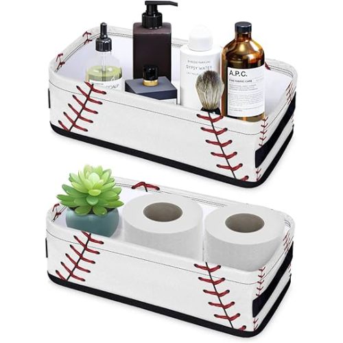 Baseball Small Bathroom Basket Toilet Tank Topper Paper Basket, Sport Themed Softball Baseball Fabric Storage Organizer Bin Small Baskets Decor for Bathroom Counter, Shelf, 2 Pack