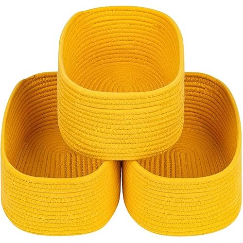 CubesLand Rope Woven Storage Baskets, Small Baby Nursery Organizer Basket, Rectangular Organization/Storage Bins, Closet Shelves Baskets,Empty Gift Basket 3 Packs, Yellow