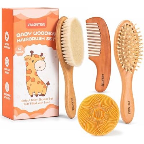 4 Pack Wooden Baby Hair Brush Set, Baby Brush and Comb Set with Soft Goat Bristle, Cradle Cap Brush for Newborns & Toddlers, Perfect Baby Registry Gift