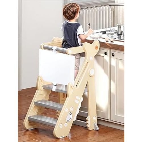 VBABY Foldable Toddler Tower, Certified Toddler Kitchen Stool Helper, Adjustable Height Toddler Step Stool, Plastic Learning Tower for Toddler, White