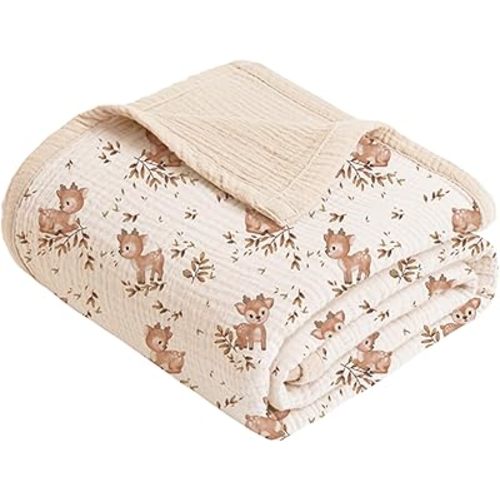 Konssy Muslin Baby Blanket for Girls and Boys, 100% Cotton Soft Toddler Blanket, Reversible Newborn Swaddle Blankets, Breathable and Lightweight Crib Blankets for All Reason, 43"x40" (Deer)