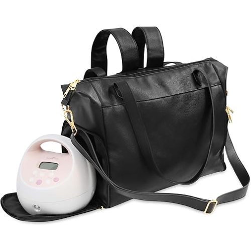 Breast Pump Bag - Convertible Breast Pump Backpack - Vegan Leather Pumping Bags for Work w/Luggage Sleeve, Prep Mat - Breast Pump Travel Bag - Pumping Bag Compatible with Spectra