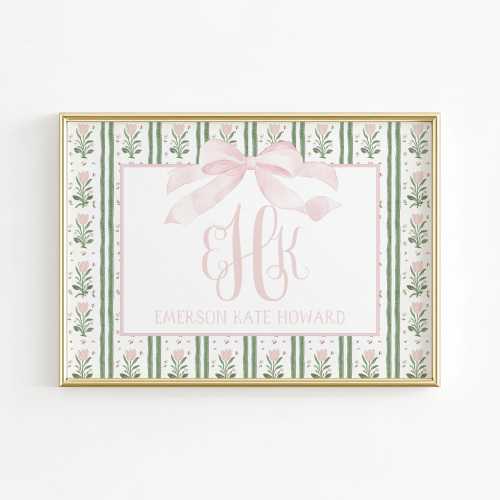 Floral Monogram Nursery Wall Art, Grandmillennial Nursery, Pink Bow Girl Nursery Prints, Baby Name Above Crib Wall Decor, Tulip Girl Room