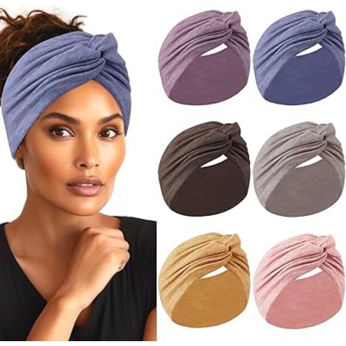 Extra Wide Headbands for Women, 7'' Large Cotton Like Turban Knotted Bandana Head Bands for Women Non Slip, Boho Headbands for Women's Hair (6Pcs Bright Colors, Extra Large 7" Wide)