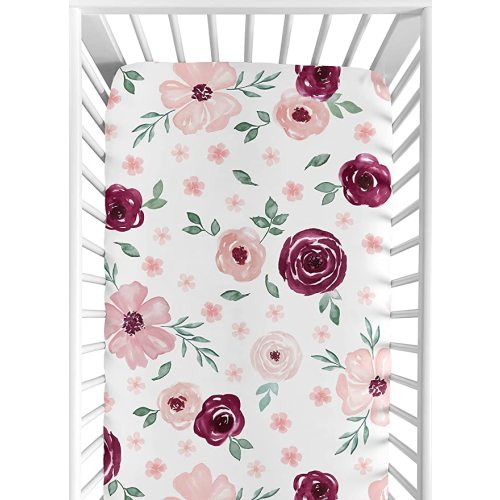 Sweet Jojo Designs Burgundy Watercolor Floral Girl Fitted Crib Sheet Baby or Toddler Bed Nursery - Blush Pink, Maroon, Wine, Rose, Green and White Shabby Chic Flower Farmhouse