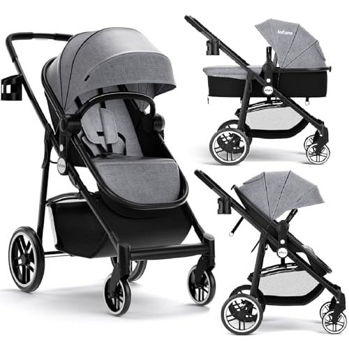 INFANS 2 in 1 Baby Stroller, High Landscape Infant Stroller & Reversible Bassinet Pram, Foldable Pushchair with Adjustable Canopy, Cup Holder, Storage Basket, Suspension Wheels (Grey)