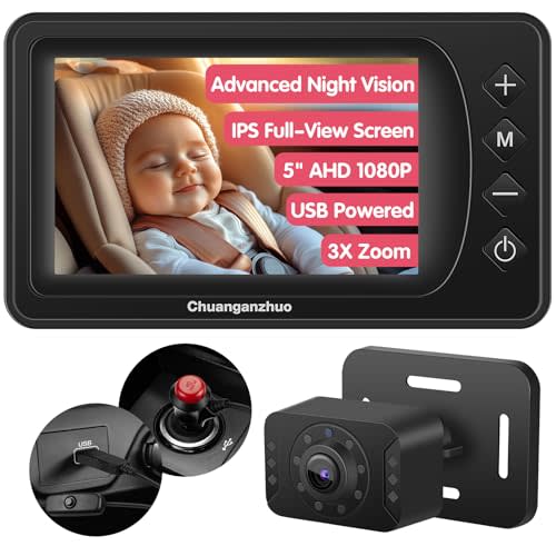 Baby Car Camera with Advanced Crystal-Clear Night Vision, 3X Zoom, USB Powered, 5'' AHD 1080P IPS Full View Car Baby Monitor, Backseat Camera for Kids Infants Rear Facing Mirror, 5inch Black