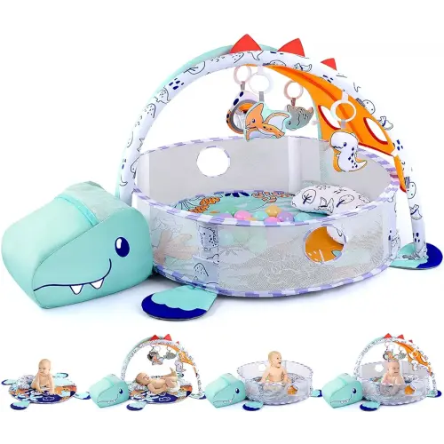 PLAY 4-in-1 Baby Play Mat - Dinosaur Baby Gyms & Playmats Tummy Time Mat Washable, Baby Activity Center with 4 Sensory Toys & 1 Soft Pillow, Develop Motor Skills Gift for Newborn Toddler - Multi