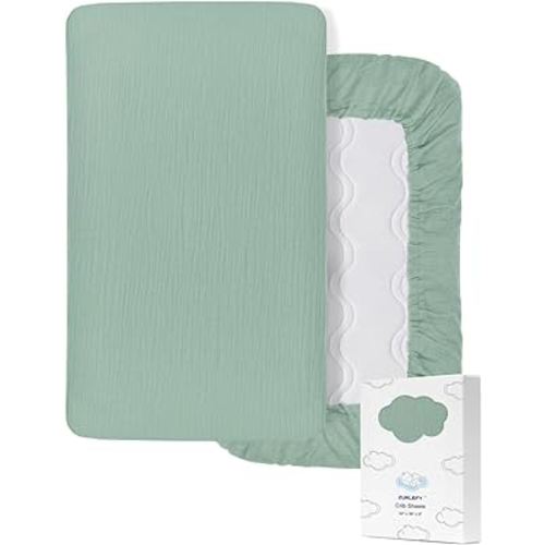 Sage Green Muslin Crib Sheets 28" x 52", 100% Cotton Baby Crib Sheet Neutral, Fitted Crib Mattress Sheets for Boy, Girl (46C-07)
