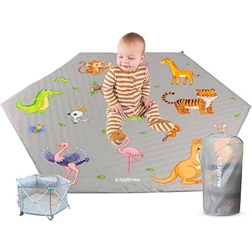Self Inflating Hexagon Playpen Mat - 52" x 45" Non-Slip Cushioned Portable Play Area - Thick Soft Baby Play Mats for Floor - Easy Care Playmat for Infants and Toddlers - Baby Crawling Mat - Safari