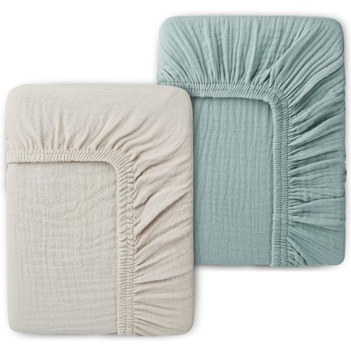 2 Pack Muslin Crib Sheets for Standard Crib Mattress 52" x 28", Sage/Beige