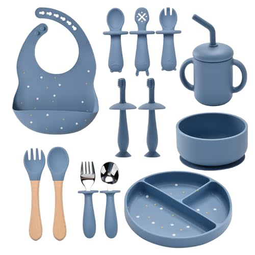 Silicone Baby Feeding Set,13PCS Feeding Essentials with Suction Bowl and Plate,Spoons & Forks,Bib & Cup, Toothbrush,Baby Led Weaning Supplies for 6+ Months - Lake Blue