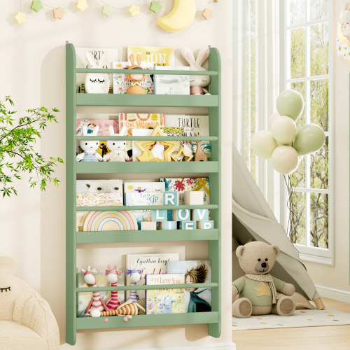 Homfa 4-Tier Wall Bookshelf, 43.7"H Wall Mounted Kids Bookshelf, Book Storage Rack for Kids Room, Green