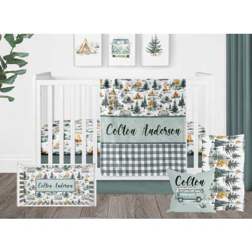 Camping Crib Bedding Set - Personalized Baby Boy Blanket & Nursery Decor - Adventure Theme with Tent and Van Print - Baby Shower Gift