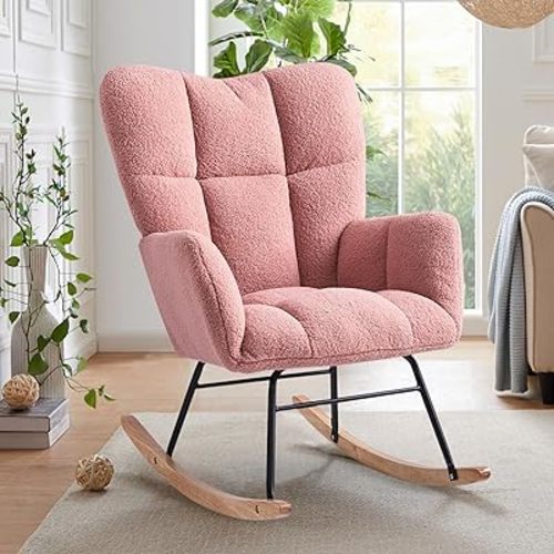Kiztir Rocking Chair Nursery, High Backrest Teddy Glider Rocker Upholstered Rocker Recliner Modern Rocking Accent Chairs for Bedroom, Living Room, Offices (Pink)