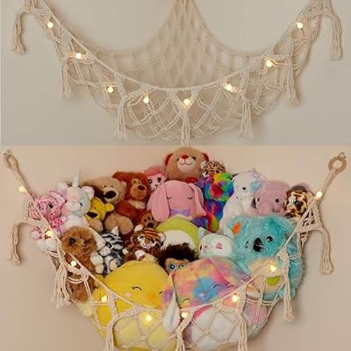 Stuffed Animal Storage Macrame Hammock w/String Lights, Large - Boho Room Decor Toy Storage - Corner Hanging Plushie Stuffed Animal Net Organizer (White)