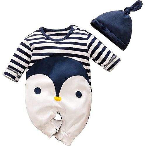Newborn Casual Romper Jumpsuit Cute Unisex Baby Boys Girls Stripe Cartoon Clothes - Navy&hat - 0-3 Months