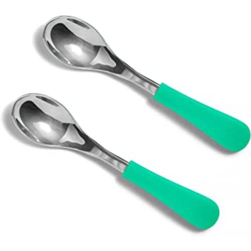Avanchy Baby Spoons Stainless Steel and Silicone Set, Self Feeding Food Utensils, 4 Months Baby Led Weaning, 2 Pack, Green Spoons
