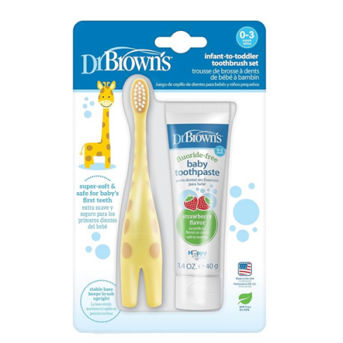 Dr. Brown's Infant-to-Toddler Training Toothbrush Set with Fluoride-Free Baby Toothpaste, Strawberry - Giraffe - 1.4oz - 0-3 Years