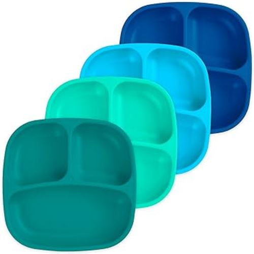 Re-Play - 4 Pack 7.37" Divided Plates with Deep Sides for Baby, Toddler & Child Feeding - BPA Free - Made in USA from Recycled Milk Jugs - A True Blue