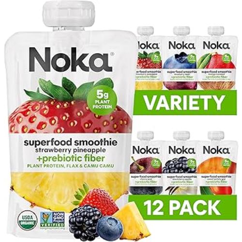 Noka Superfood Fruit Smoothie Pouches Variety Pack, Healthy Snacks with Flax Seed, Plant Protein and Prebiotic Fiber, Vegan and Gluten Free Snacks, Organic Squeeze Pouch, 4.22 oz, 12 Count