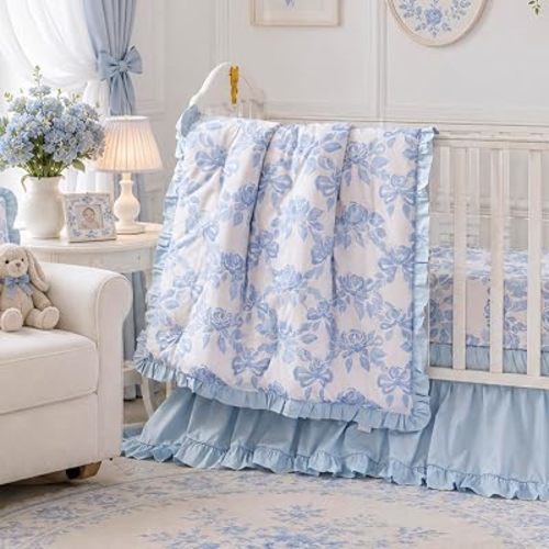Brandream French Country Organic Cotton Crib Bedding Set for Girls Vintage Cottagecore Blue Rose Floral Bow Print 3 Pieces Coquette Baby Nursery Decor - Ruffles Quilt,Toile Crib Sheet,Crib Bed Skirt