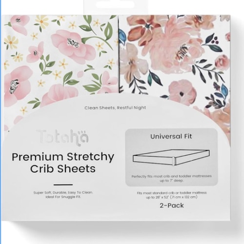 TotAha Premium Stretchy Crib Sheets (2-Pack)-Hypoallergenic, Silky Comfort, Buttery Soft, Calming Effect, All-Season Jersey-Knit Sheets, 9'' Extra Deep Pocket(Meredith Allover Floral & Pale Pink)