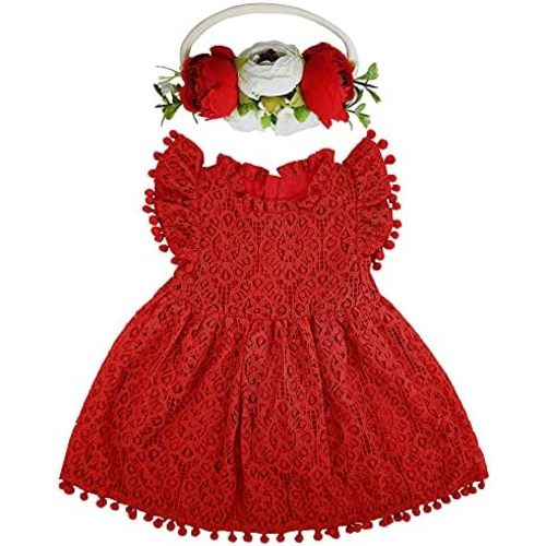 BGFKS Baby Girl Tutu Dress Elegant Lace Pom Pom Flutter Sleeve with Flower Headband Set