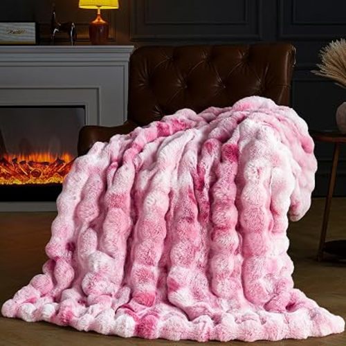 Faux Fur Throw Blanket for Couch, Fluffy Fuzzy Plush Bubble Blanket, Soft Warm Cozy Shaggy Rabbit Blanket, Luxury Decorative Gifts for Sofa Bedroom Living Room, 60x50inch (Tie-Dye-Pink)