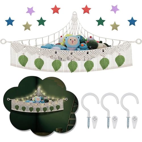 Stuffed Animal Storage Hammock Corner w/LED Star Light, 56'' Large Boho Tassel Leaf Cotton Rope Net Holder for Teddy Plushie, Beige Nursery Decor Hanging Organizers Toy Hammock Net for Kid Girls Boys