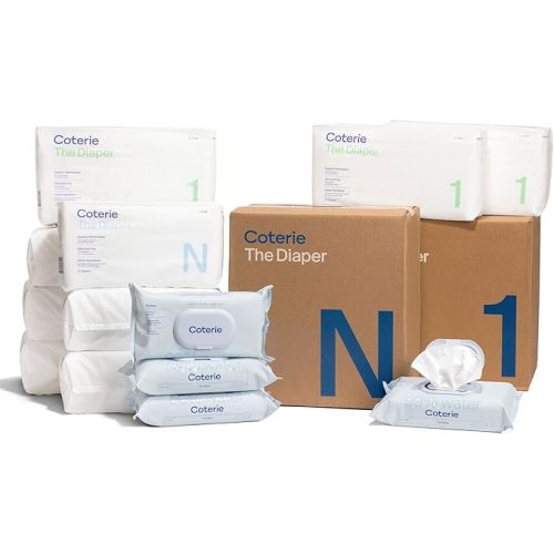 Coterie Baby Diapers + Wipes Baby Kit, Size 1 (198 Count) Size Newborn (93 Count) 4 Wipe Packs (224 Wipes) Made with Plant-Based Fibers, Hypoallergenic, Designed for Sensitive Skin, Clean Ingredients - Size N + Size 1 (198 count) + Wipes