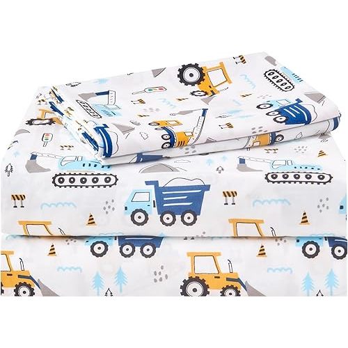 Kids Sheet Set Twin Size 3 Pcs, Boys Sheet Set with Blue Excavator Car Pattern,Kids Boys Twin Fitted Sheet,Breathable & Silky Soft Microfiber Fitted Sheet