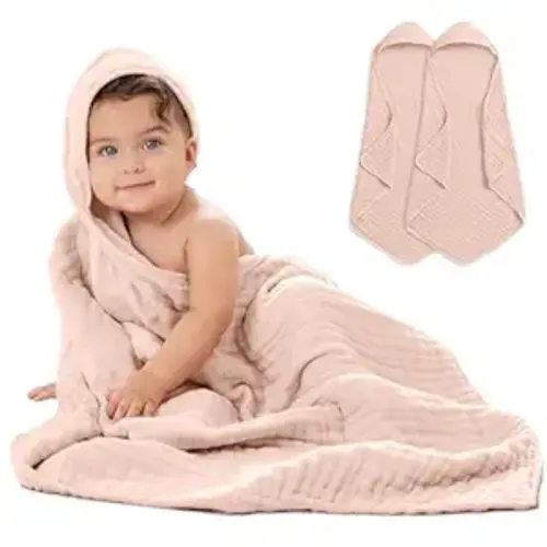 Comfy Cubs Hooded Baby Towel 2-Pack, Large 32 x 32 Inch - 6 Layer 100% Muslin Cotton for Babies, Toddlers and Kids - Soft & Absorbent Baby Bath Towels - Unisex Design for Bath Time - Blush