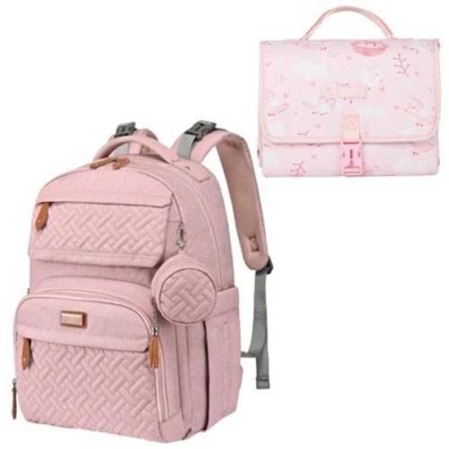 BabbleRoo Travel Diaper Bag Backpack and Premium Changing Mat Bundle, Pañalera, Pink