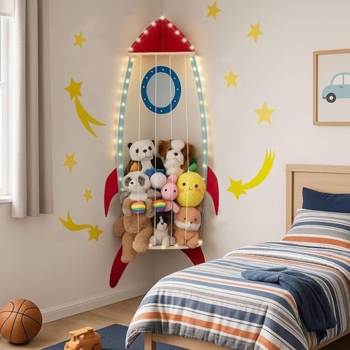 PUTSKA Corner Stuffed Animal Storage Organizer with LED Lights - Stuffed Animal Holder, Stuffy Storage, Space-Saving Plushies and Toy Corner Organizer for Kids Room - Spaceship