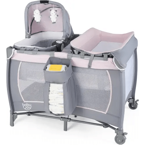 BABY JOY 5 in 1 Pack and Play, Portable Baby Playard w/Bassinet & Diaper Changing Table, Infant Pink Bassinet Crib with Toys & Music & Oxford Bag for Baby Girl Toddlers (Pink + Purple, Starry Sky)