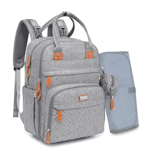 BabbleRoo Diaper Bag Backpack - Baby Essentials Travel Tote - Multi Function Water Resistant Diaper Bag, Travel Essentials Baby Bag with Changing Pad, Stroller Straps & Pacifier Case - Light Gray